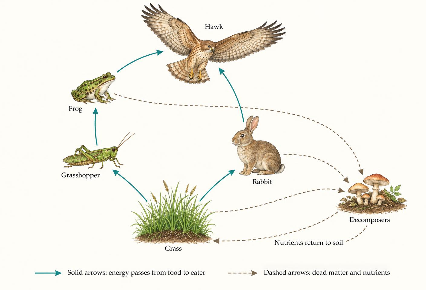 A meadow food web linking grass, grasshopper, rabbit, frog, hawk and decomposers; arrows point from food to eater